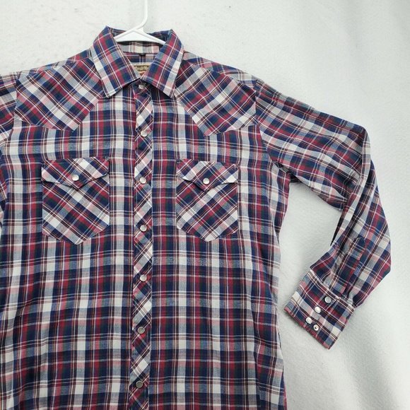 Young Bloods Shirt Men's Long Sleeve Pearl Snap Up Collared Plaid Western Blue M - Picture 5 of 12